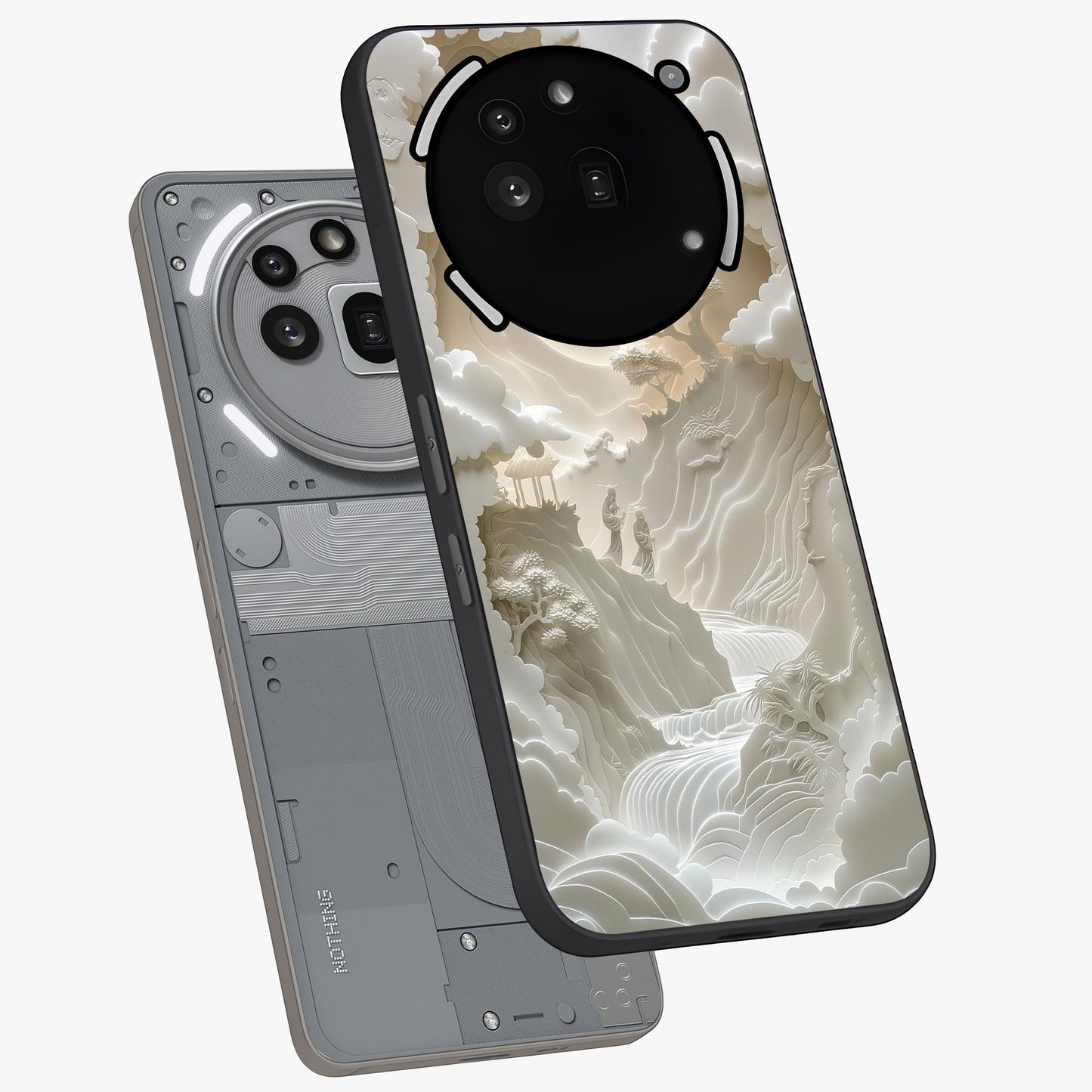 Celestial Origami Glass Case displayed in angled mockup highlighting geometric origami design with cosmic aesthetic theme.