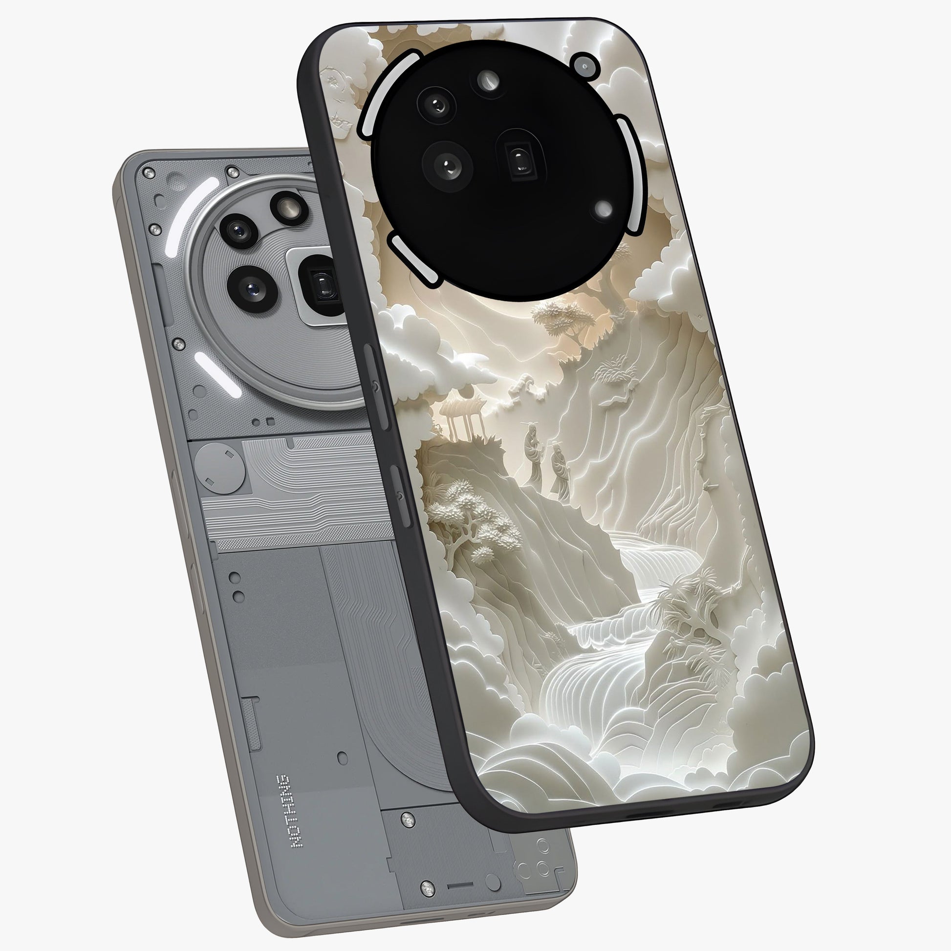Celestial Origami Glass Case displayed in angled mockup highlighting geometric origami design with cosmic aesthetic theme.