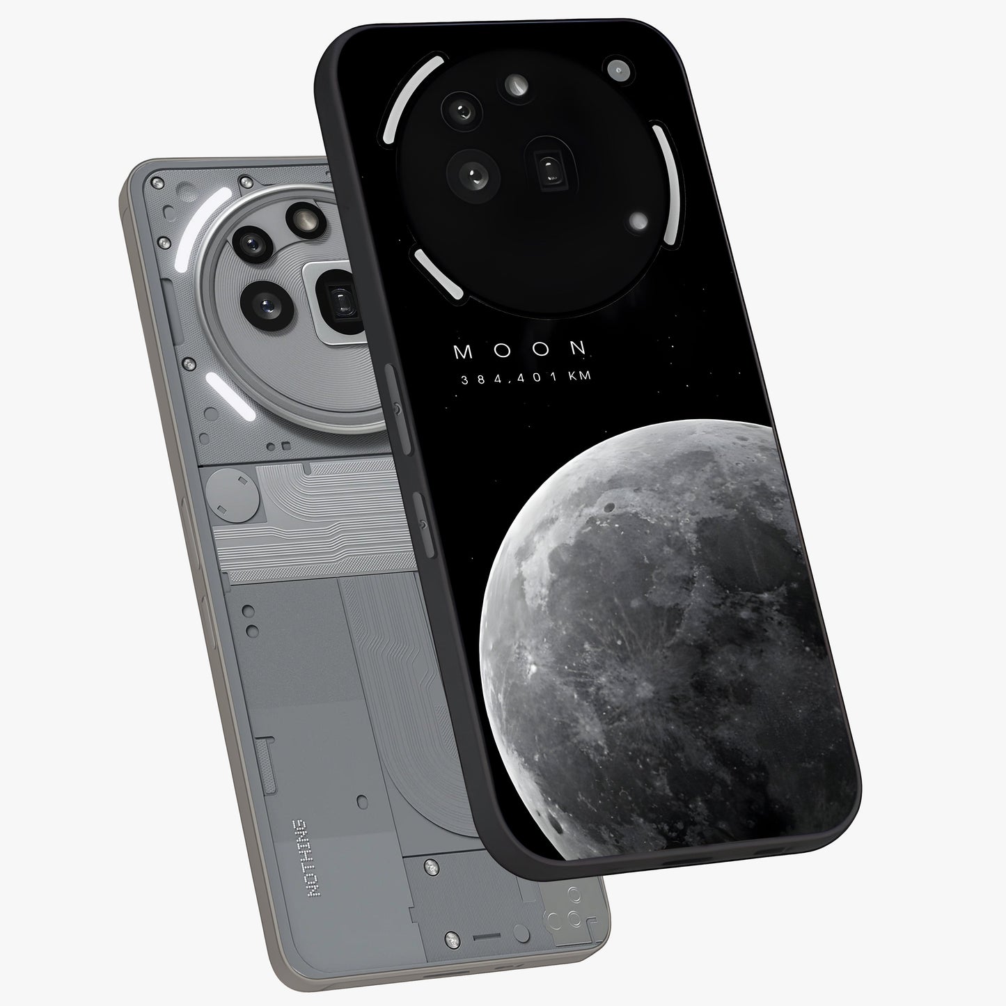 Cosmic Moon Glow Glass Case displayed in angled mockup highlighting celestial moon design with cosmic aesthetic theme.