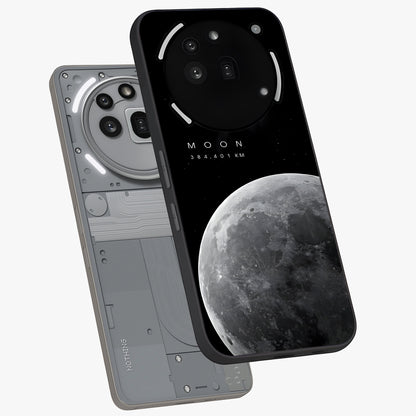 Cosmic Moon Glow Glass Case displayed in angled mockup highlighting celestial moon design with cosmic aesthetic theme.