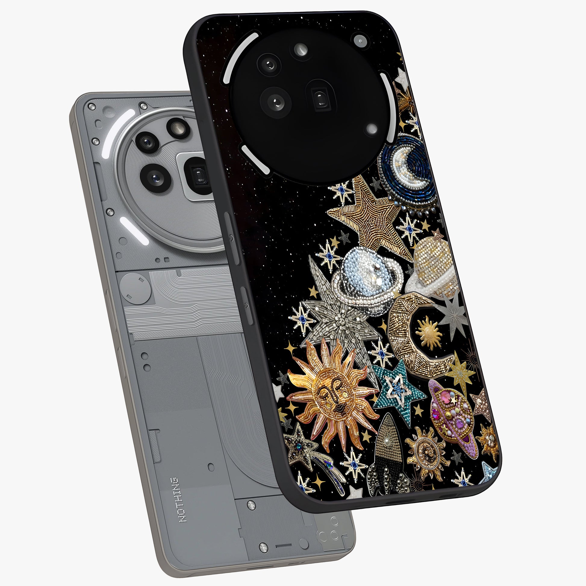 Cosmic Sparkle Dreams Glass Case displayed in angled mockup highlighting dreamy star sparkle design with celestial aesthetic.