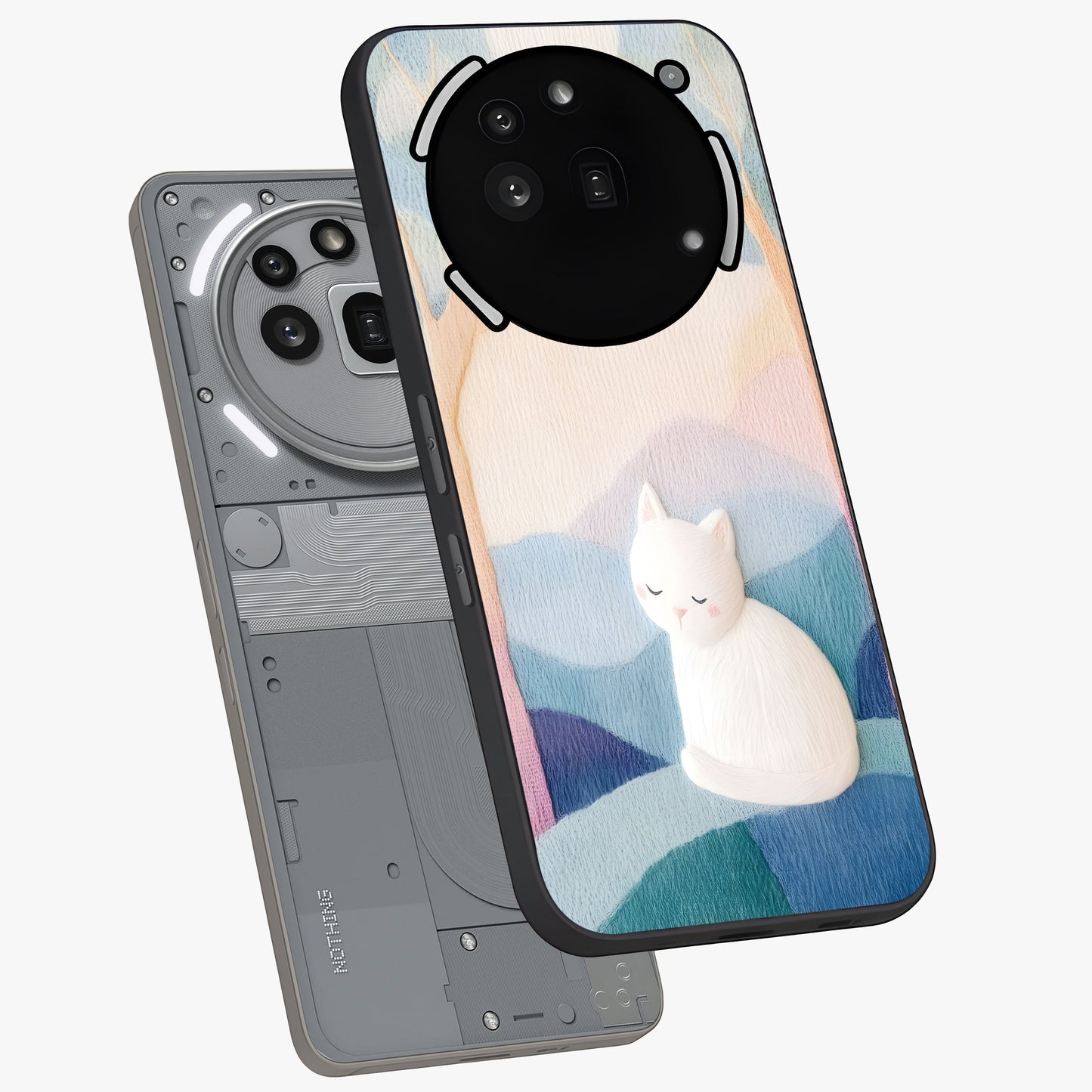 Cotton Dream Cat Glass Case displayed in angled mockup highlighting cute feline illustration with pastel aesthetic style.