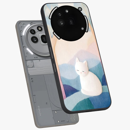 Cotton Dream Cat Glass Case displayed in angled mockup highlighting cute feline illustration with pastel aesthetic style.