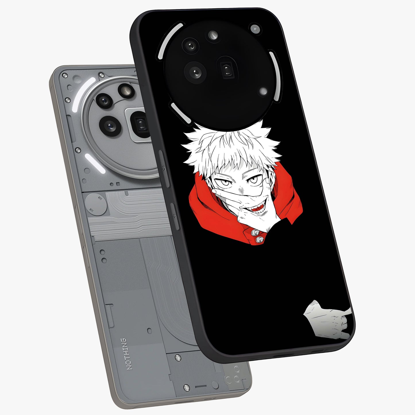 Crimson Chaos Smile Glass Case displayed in angled mockup highlighting edgy crimson smile design with graphic aesthetic.