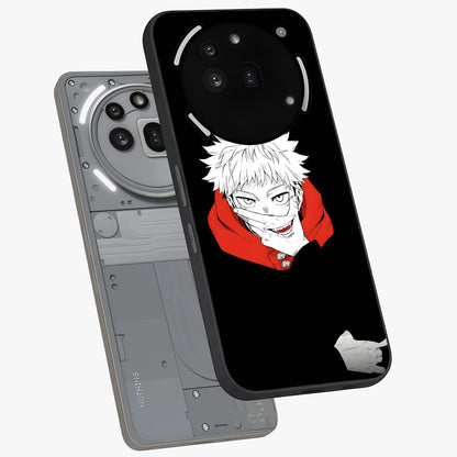 Crimson Chaos Smile Glass Case displayed in angled mockup highlighting edgy crimson smile design with graphic aesthetic.