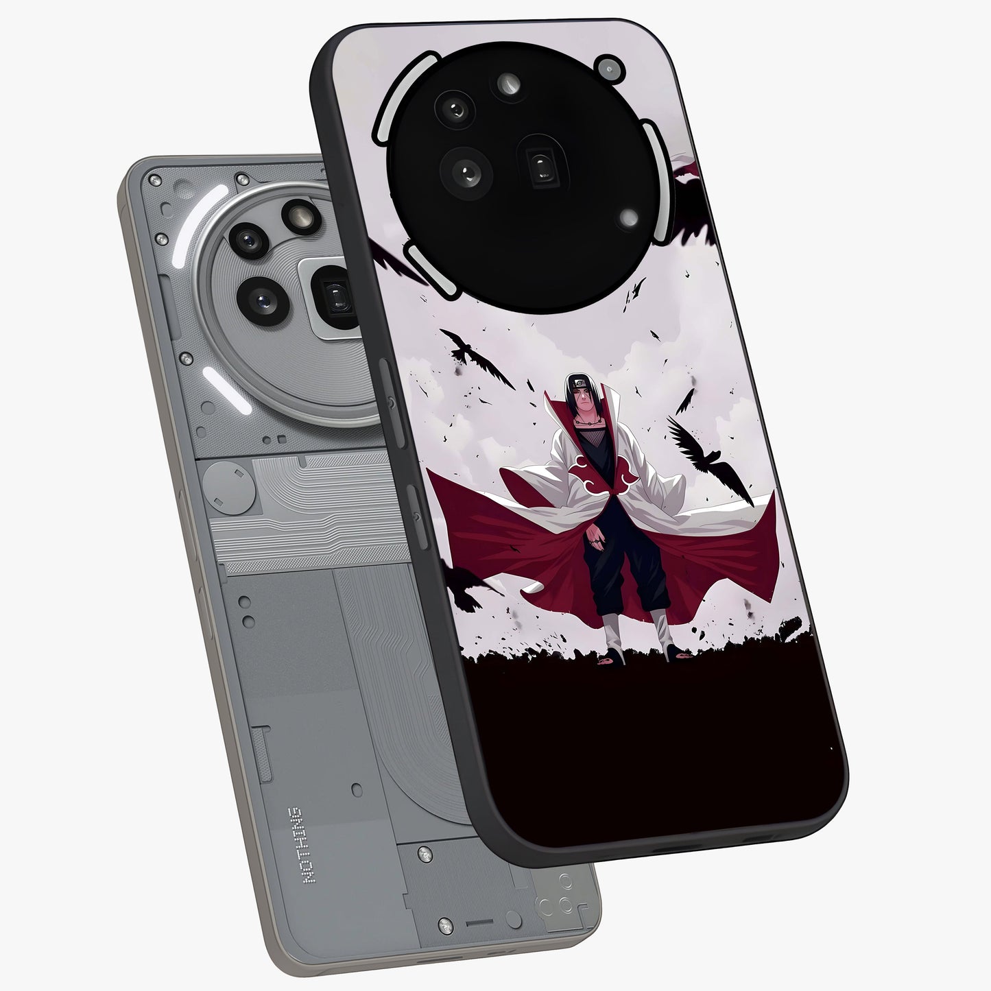 Crimson Crow Ascension Glass Case displayed in angled mockup highlighting powerful crow illustration with dark crimson aesthetic.