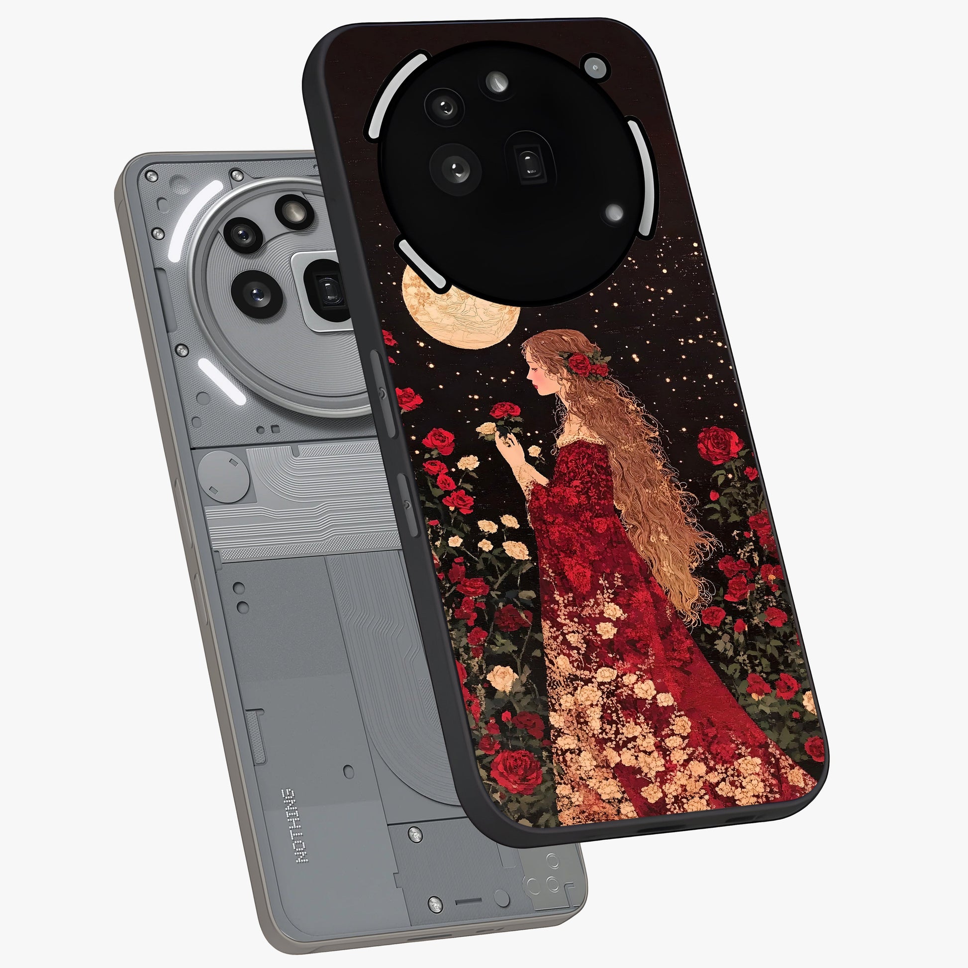 Crimson Dreams Glass Case displayed in angled mockup highlighting soft crimson aesthetic design with artistic theme.