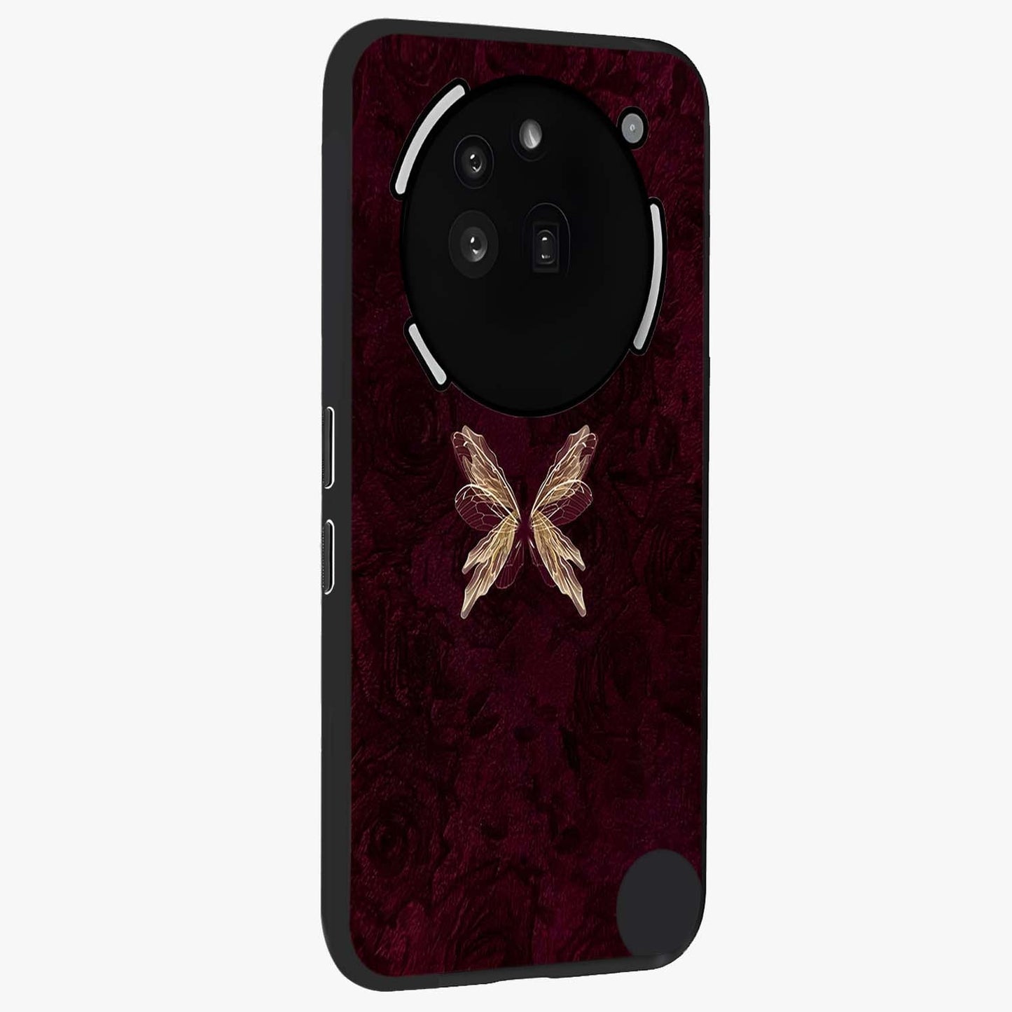 Crimson Fade Butterfly Glass Case upright view showcasing graceful butterfly artwork with soft crimson fade effect.