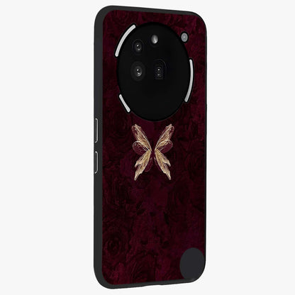 Crimson Fade Butterfly Glass Case upright view showcasing graceful butterfly artwork with soft crimson fade effect.