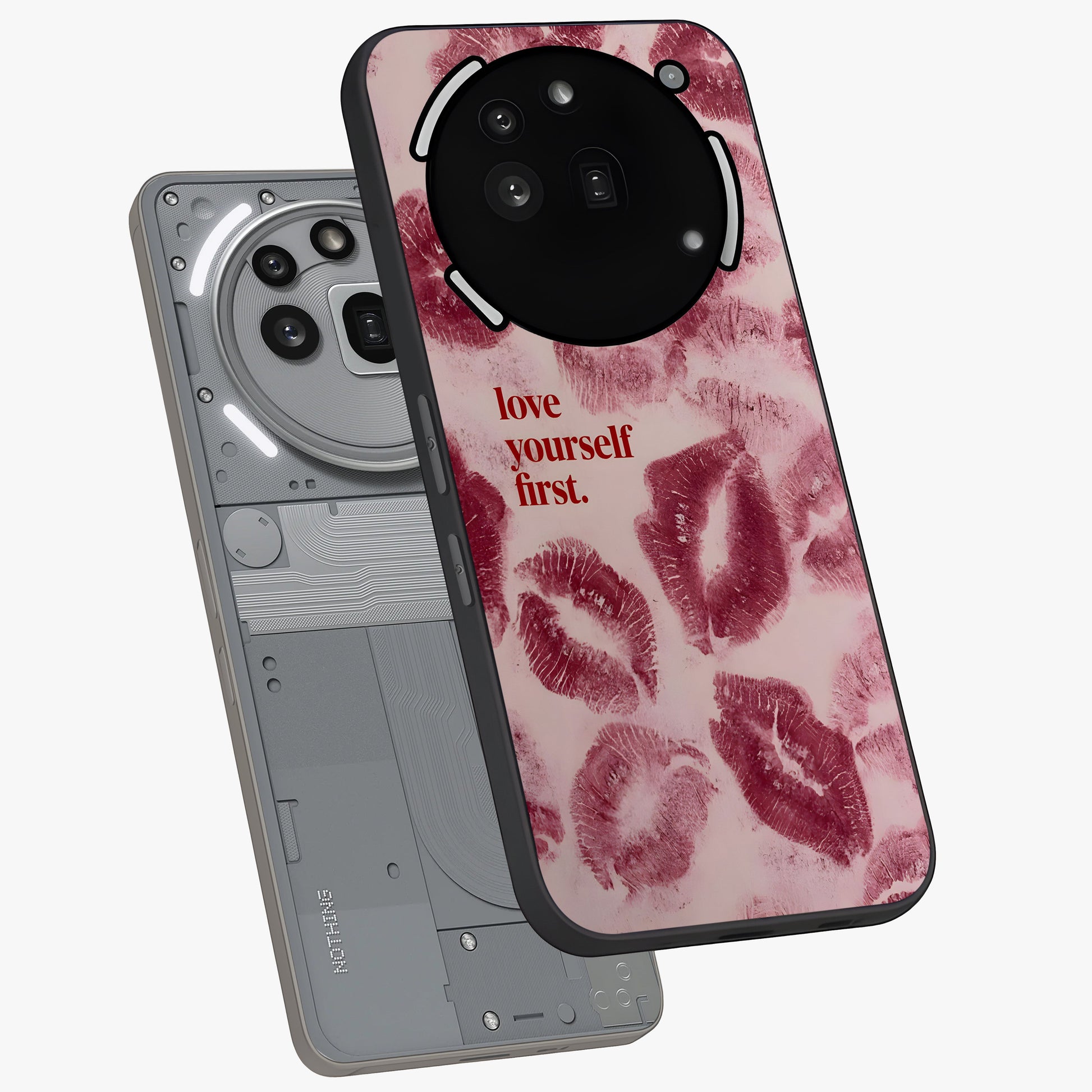 Crimson Kiss Love Glass Case displayed in angled mockup highlighting bold love inspired design with modern aesthetic style.