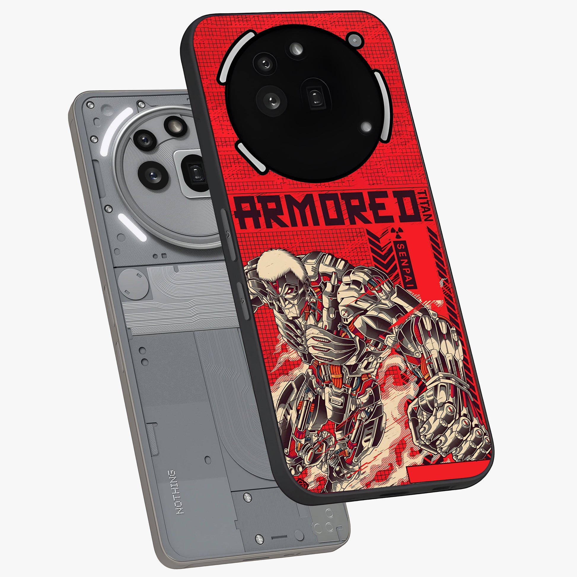 Crimson Mecha Titan Glass Case displayed in angled mockup highlighting futuristic mech illustration with bold crimson aesthetic.
