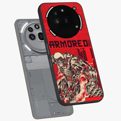Crimson Mecha Titan Glass Case displayed in angled mockup highlighting futuristic mech illustration with bold crimson aesthetic.