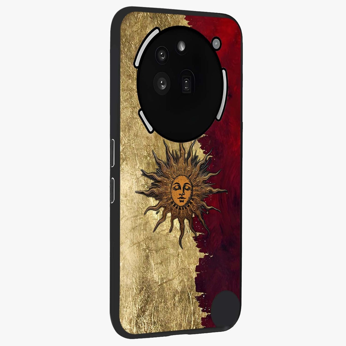 Crimson Sun Majesty Glass Case upright view showcasing vibrant sun artwork with powerful celestial theme.