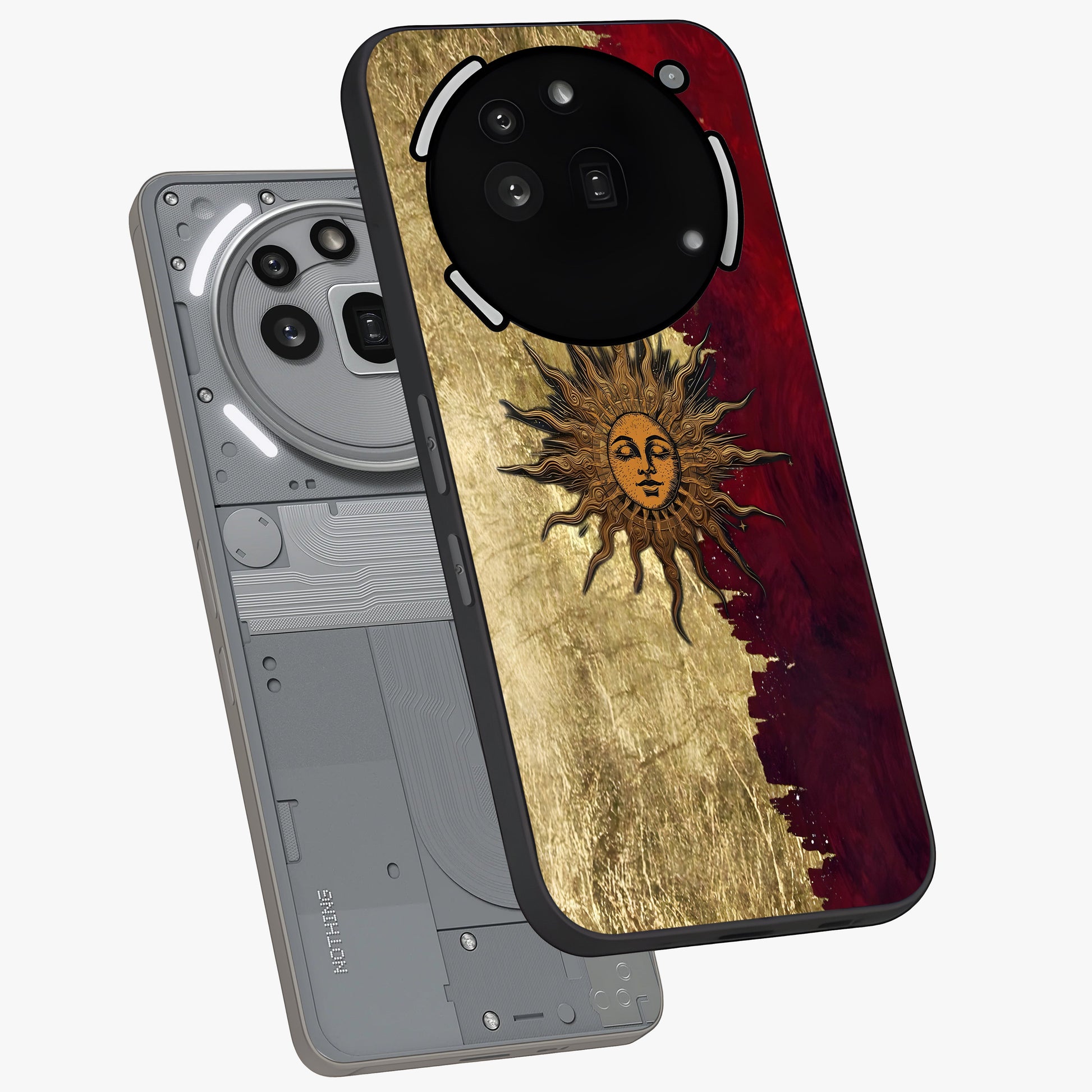 Crimson Sun Majesty Glass Case displayed in angled mockup highlighting majestic crimson sun design with bold aesthetic style.