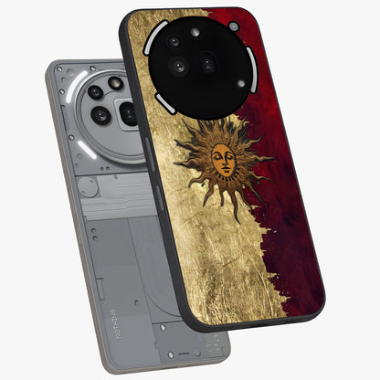 Crimson Sun Majesty Glass Case displayed in angled mockup highlighting majestic crimson sun design with bold aesthetic style.