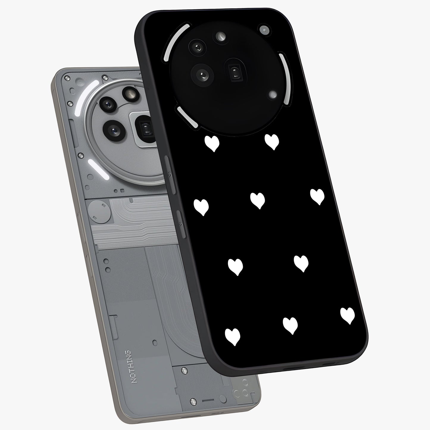 Cute And Simple White Hearts Glass Case displayed in angled mockup highlighting cute heart design with clean aesthetic style.