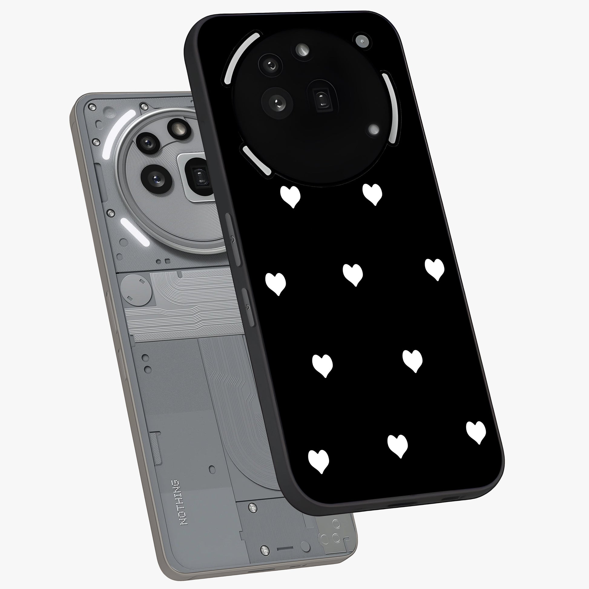 Cute And Simple White Hearts Glass Case displayed in angled mockup highlighting cute heart design with clean aesthetic style.