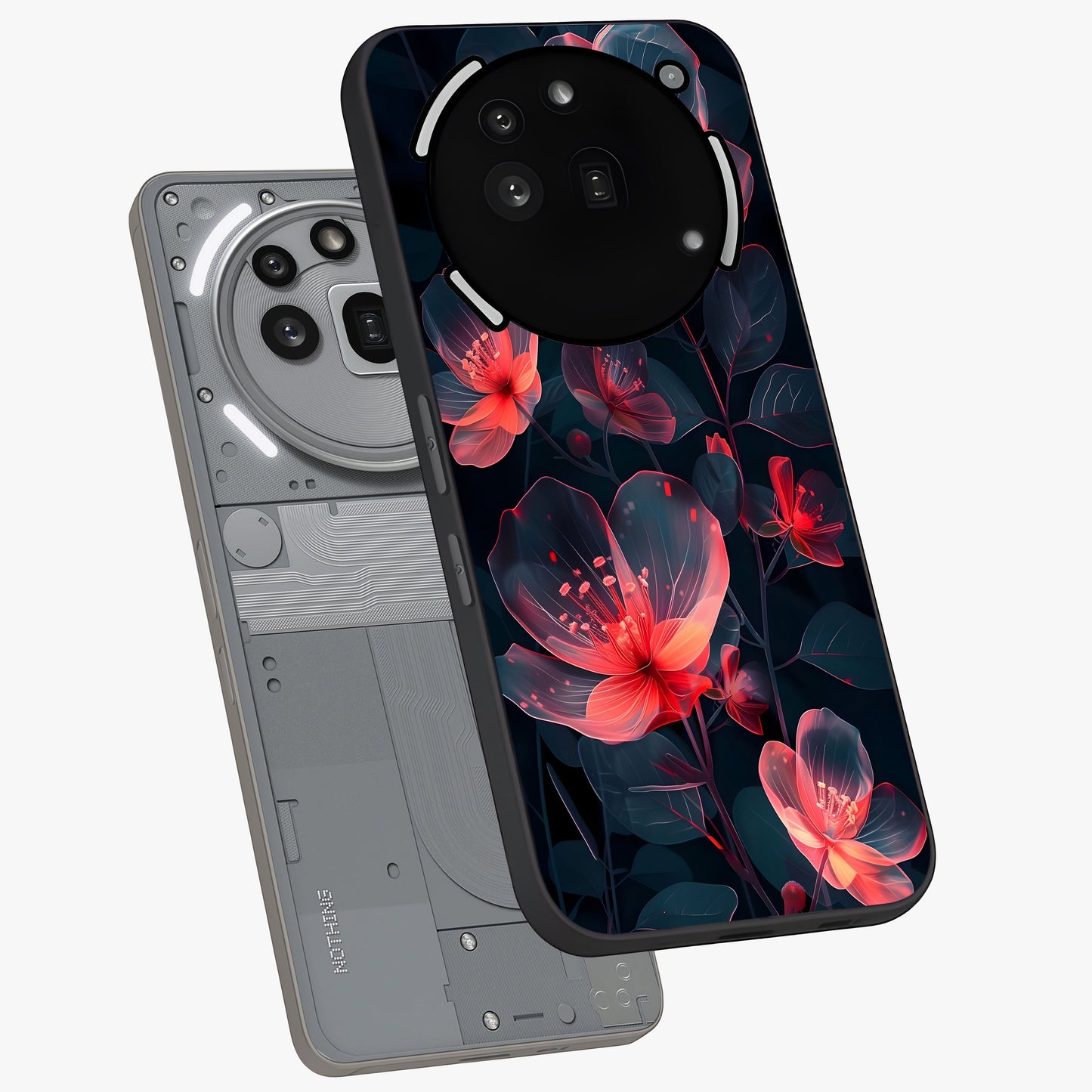 Dark Shade of Flower Glass Case displayed in angled mockup highlighting moody floral illustration with aesthetic dark tones.