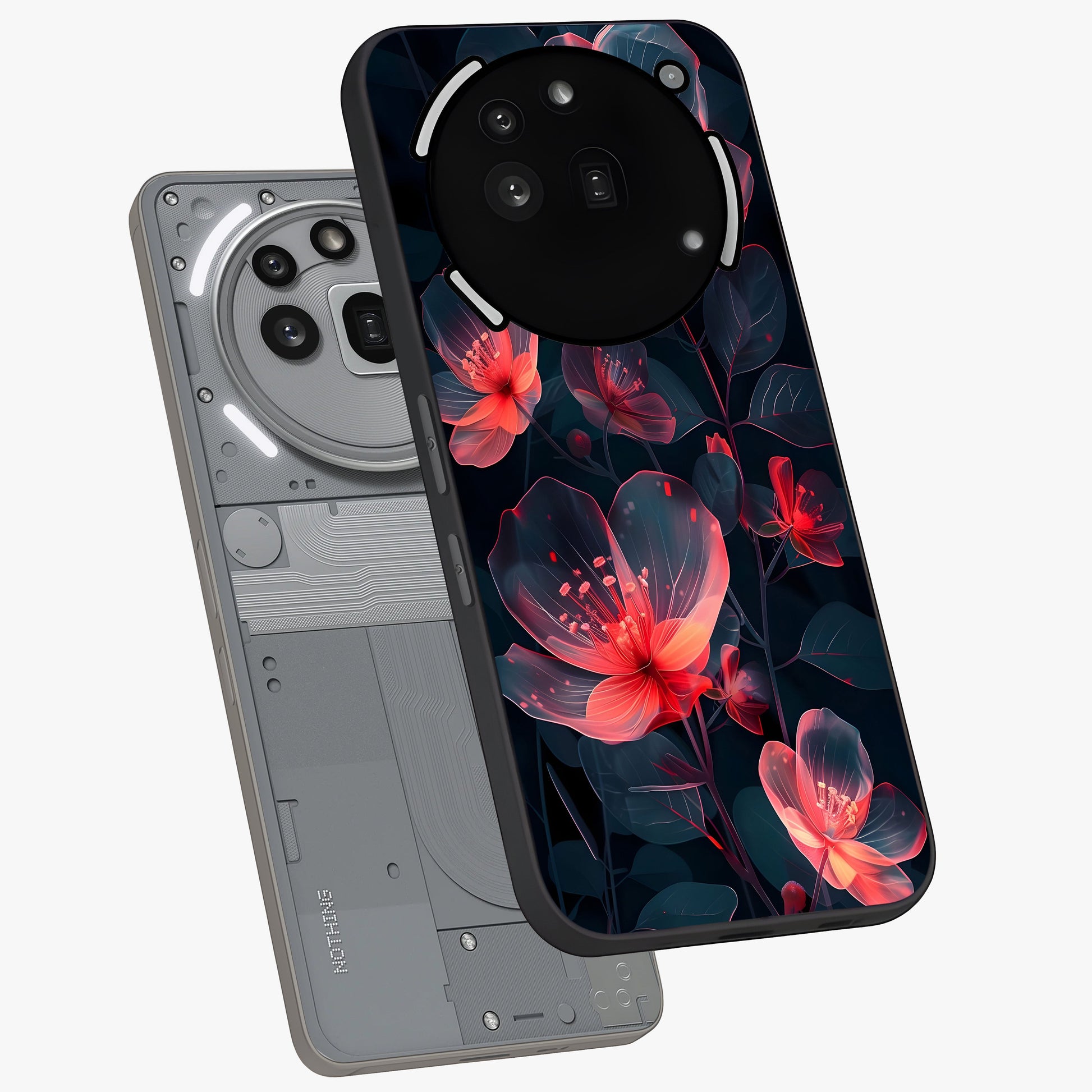 Dark Shade of Flower Glass Case displayed in angled mockup highlighting moody floral illustration with aesthetic dark tones.