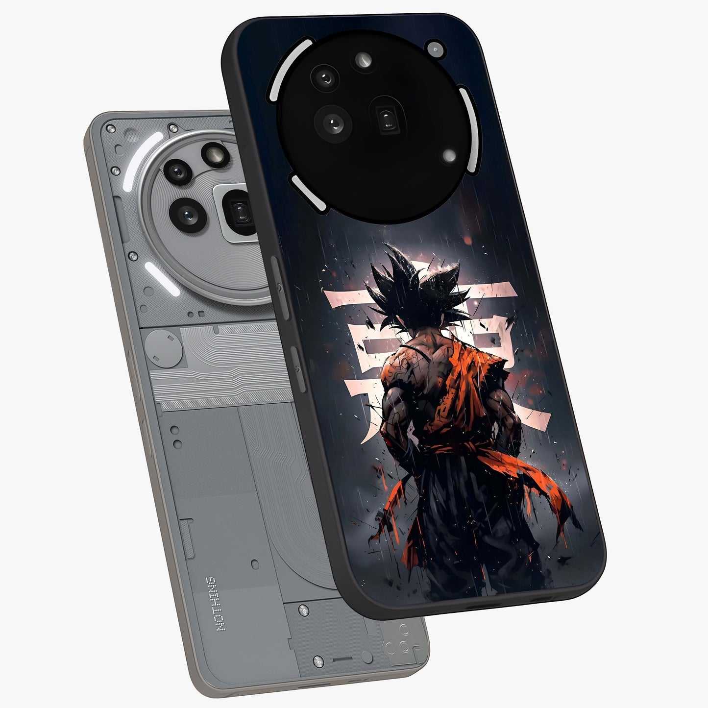 Dark Warrior In Rain Glass Case displayed in angled mockup highlighting dramatic warrior illustration with dark rain aesthetic.