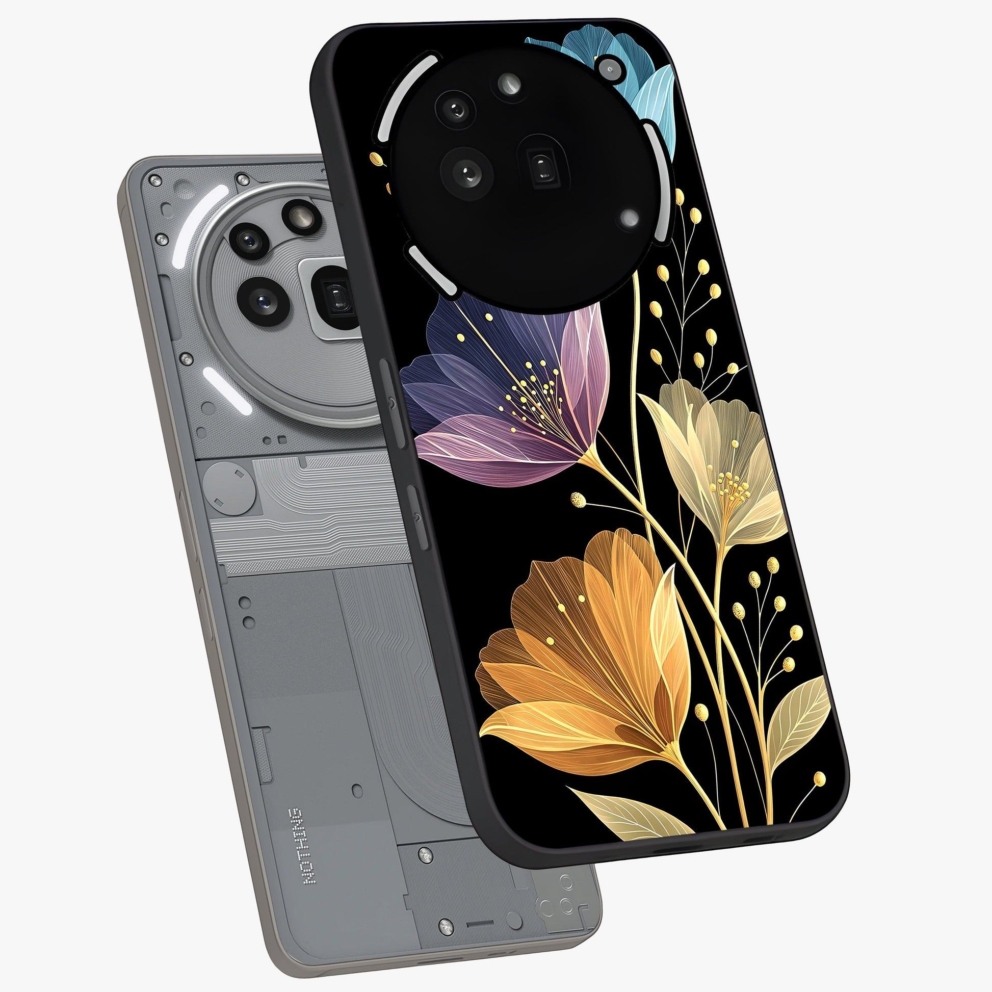 Delicate Multicolor Flowers Glass Case displayed in angled mockup highlighting colorful flower pattern with soft aesthetic style.