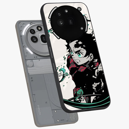 Demon Slayer Glass Case displayed in angled mockup highlighting dramatic anime character design with action aesthetic.