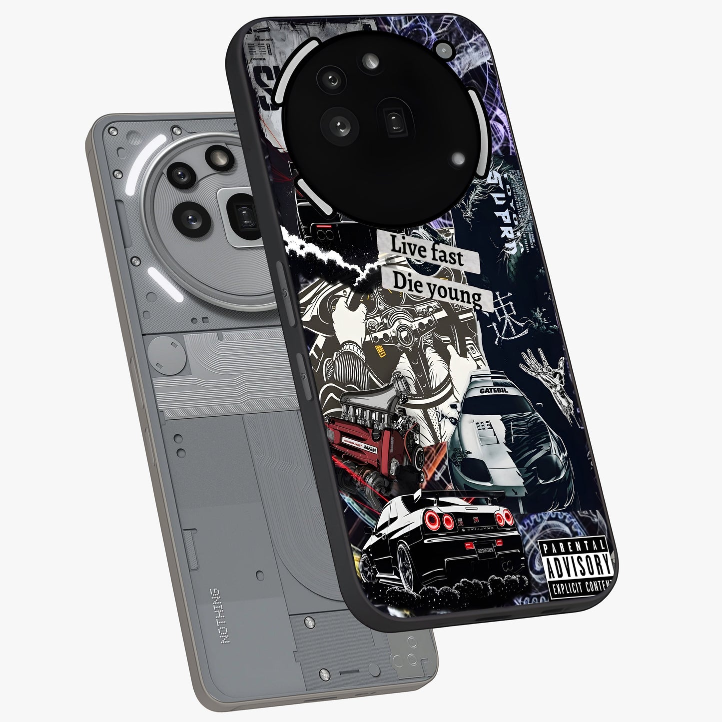 Die Young Glass Case displayed in angled mockup highlighting expressive graphic artwork with edgy aesthetic style.