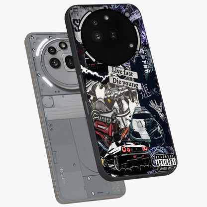 Die Young Glass Case displayed in angled mockup highlighting expressive graphic artwork with edgy aesthetic style.