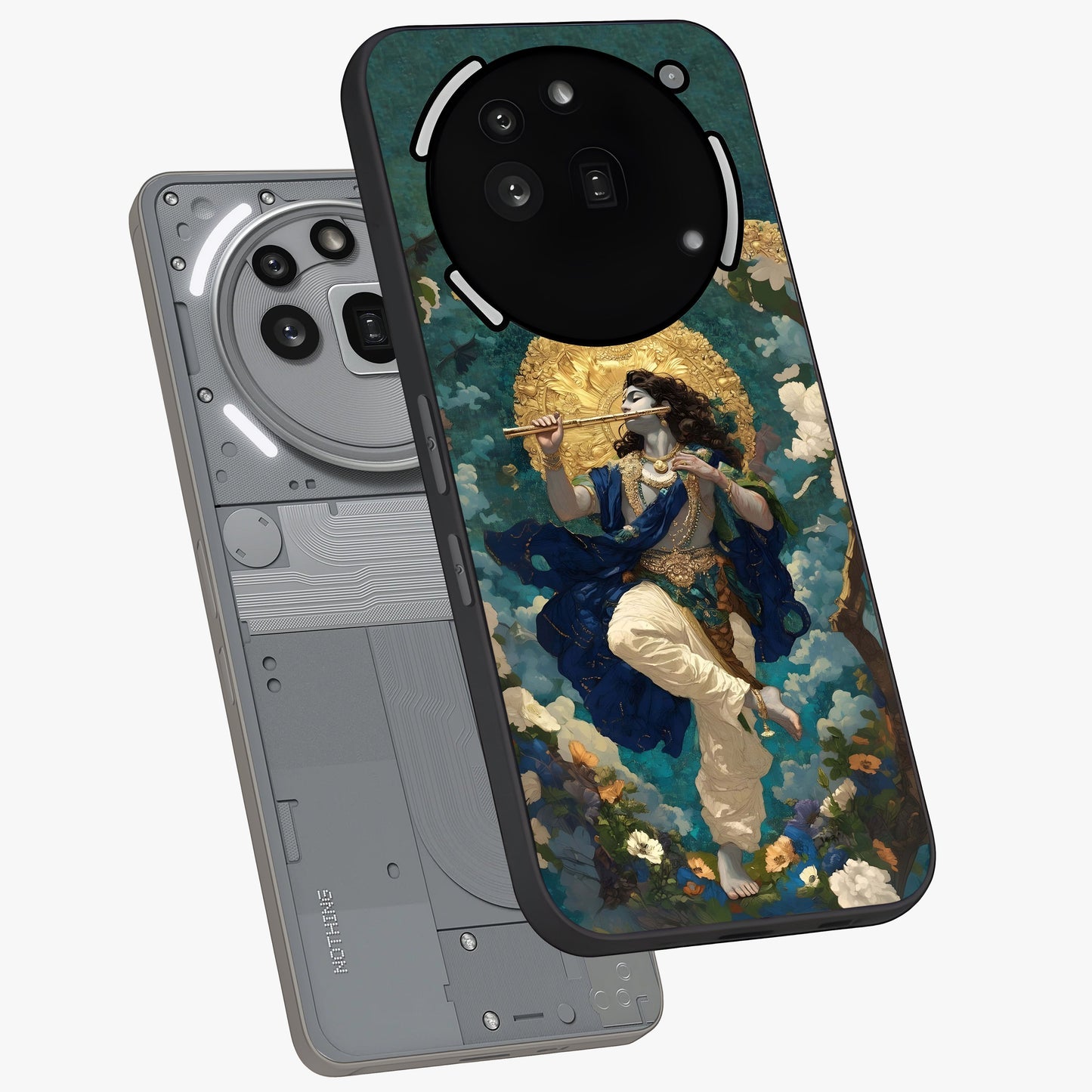 Divine Krishna Art Glass Case displayed in angled mockup highlighting spiritual Krishna illustration with devotional aesthetic.