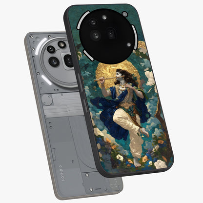 Divine Krishna Art Glass Case displayed in angled mockup highlighting spiritual Krishna illustration with devotional aesthetic.
