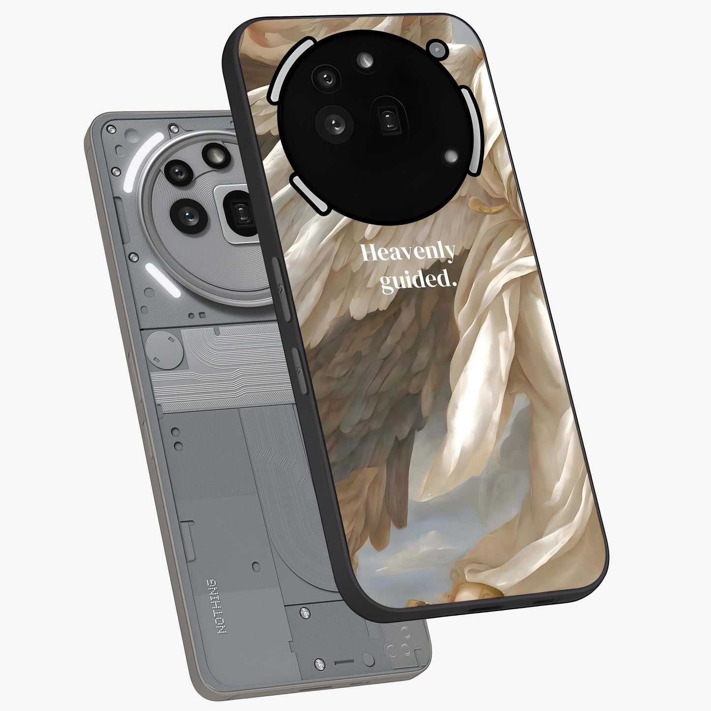 Divine Winged Grace Glass Case displayed in angled mockup highlighting graceful wing design with divine aesthetic style.