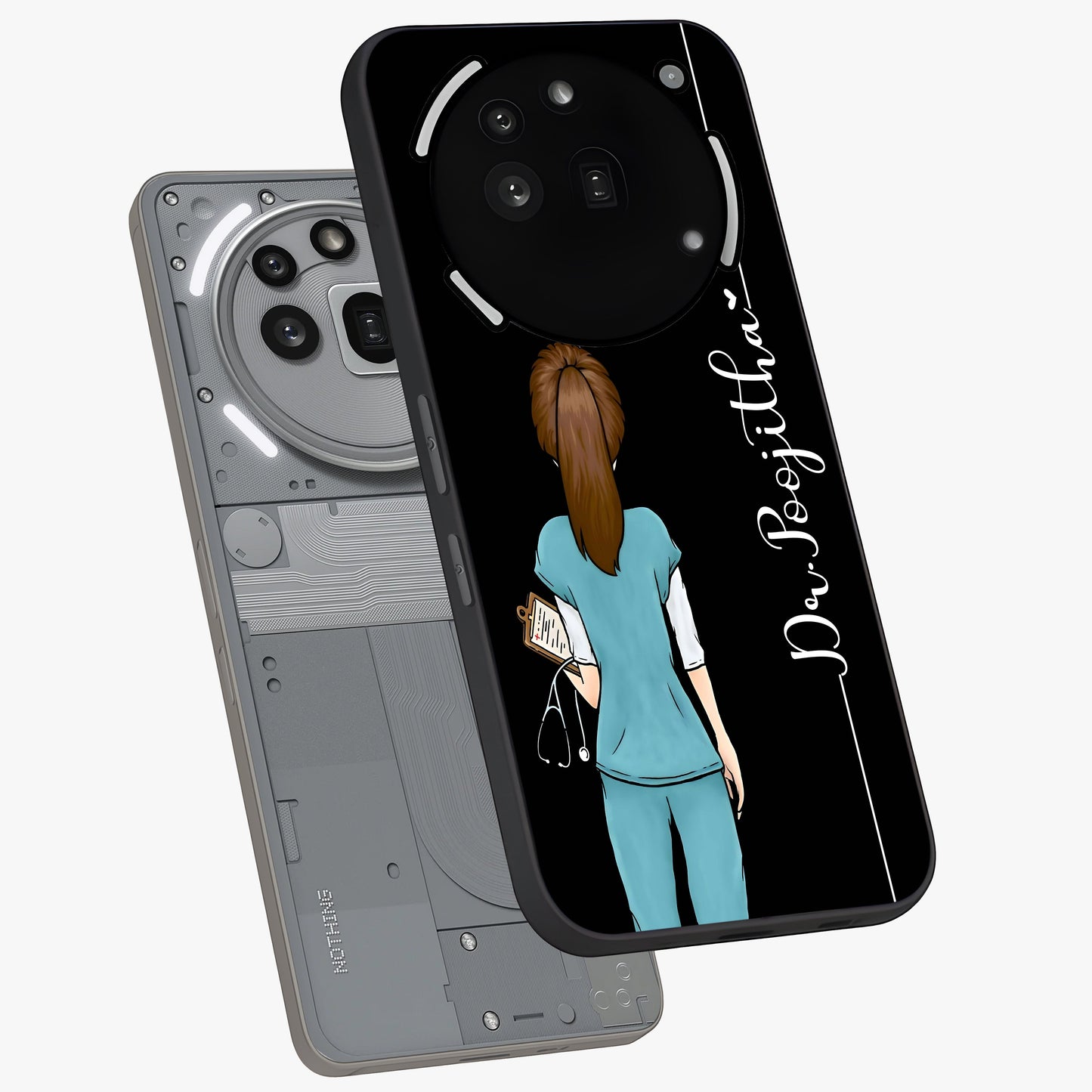 Doctor Pattern Custom Name Glass Case displayed in angled mockup highlighting doctor inspired artwork with custom name feature.