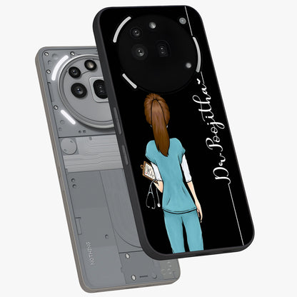 Doctor Pattern Custom Name Glass Case displayed in angled mockup highlighting doctor inspired artwork with custom name feature.