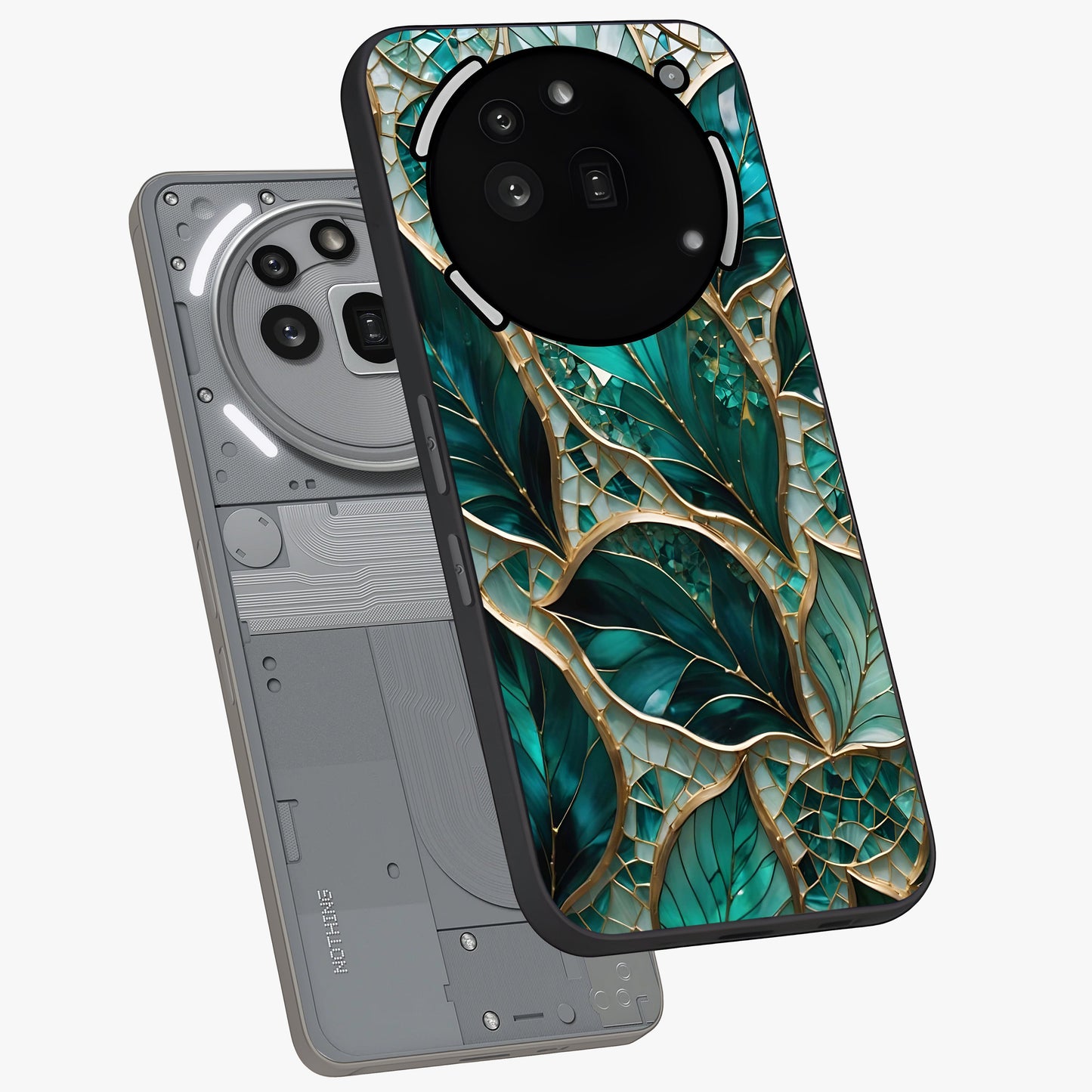 Emerald Leaf Glass Glass Case displayed in angled mockup highlighting botanical leaf illustration with elegant natural aesthetic.