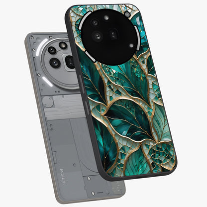 Emerald Leaf Glass Glass Case displayed in angled mockup highlighting botanical leaf illustration with elegant natural aesthetic.