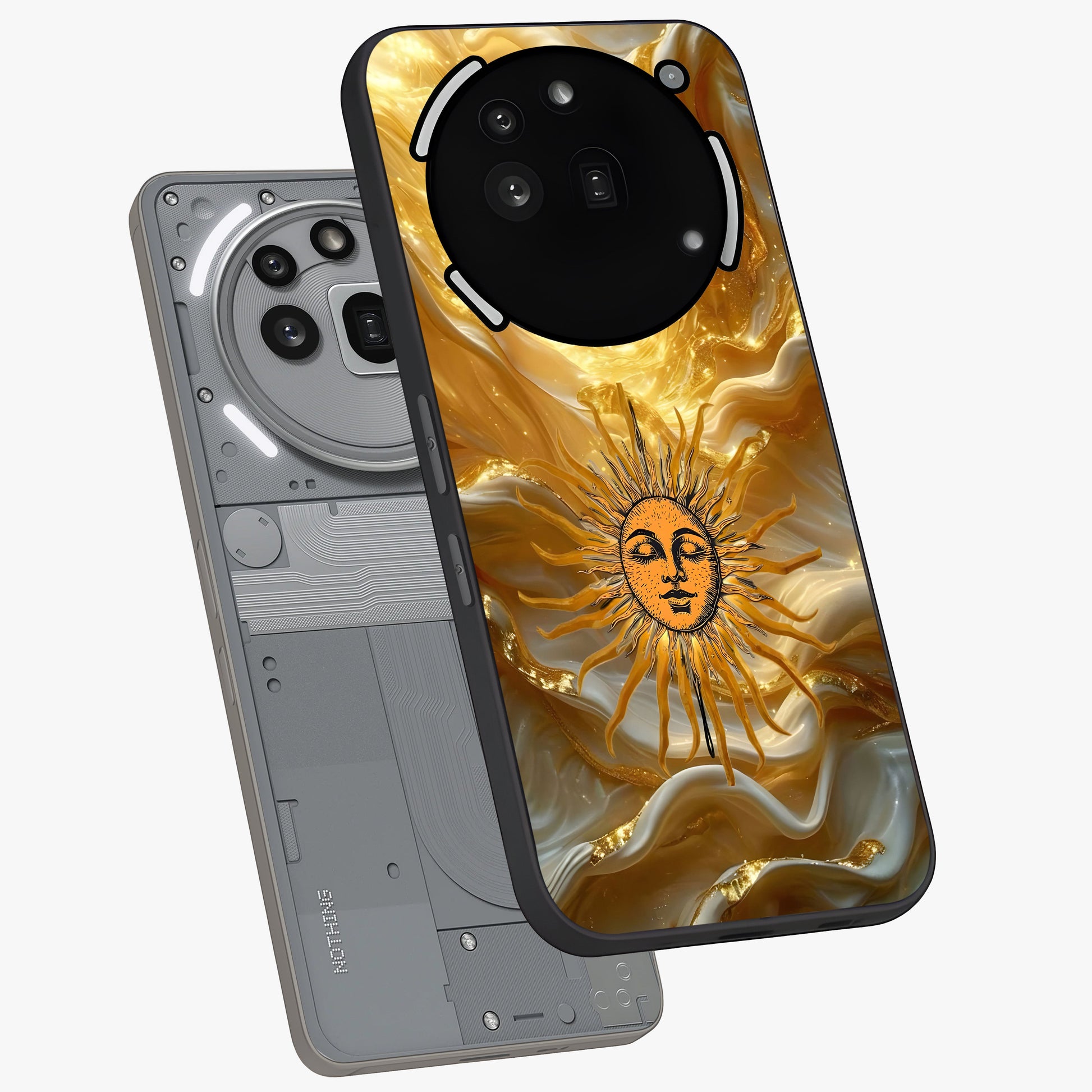 Eternal Golden Glow Glass Case displayed in angled mockup highlighting glowing golden aesthetic design with elegant style.