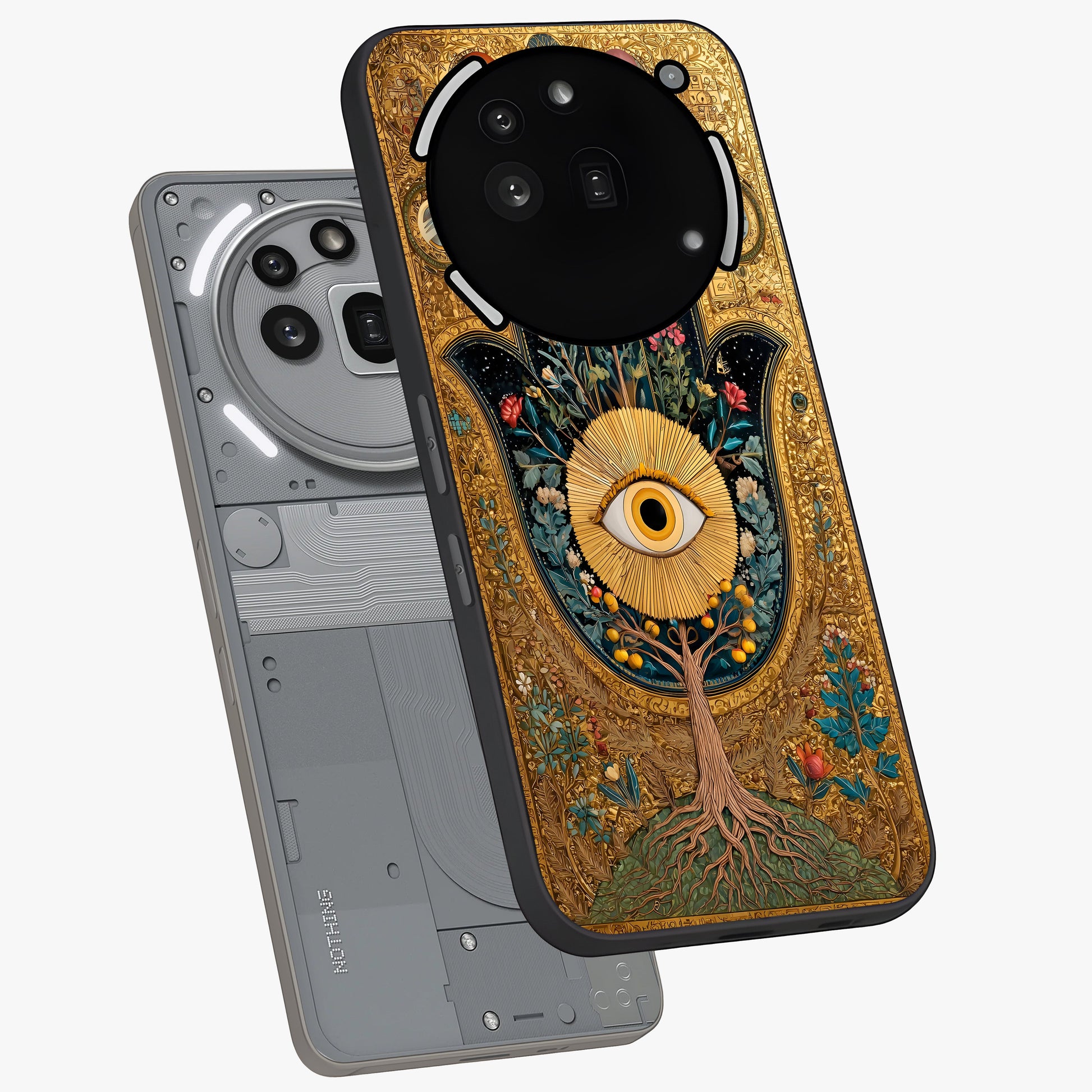 Ethereal Evil Eye Glass Case displayed in angled mockup highlighting protective evil eye symbol with spiritual aesthetic design.