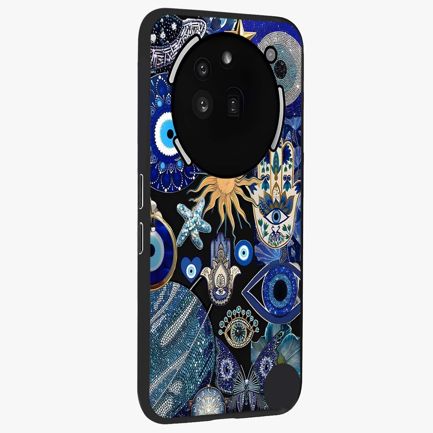 Evil Eye Charm Mix Glass Case upright view showcasing mystical evil eye pattern with vibrant decorative style.