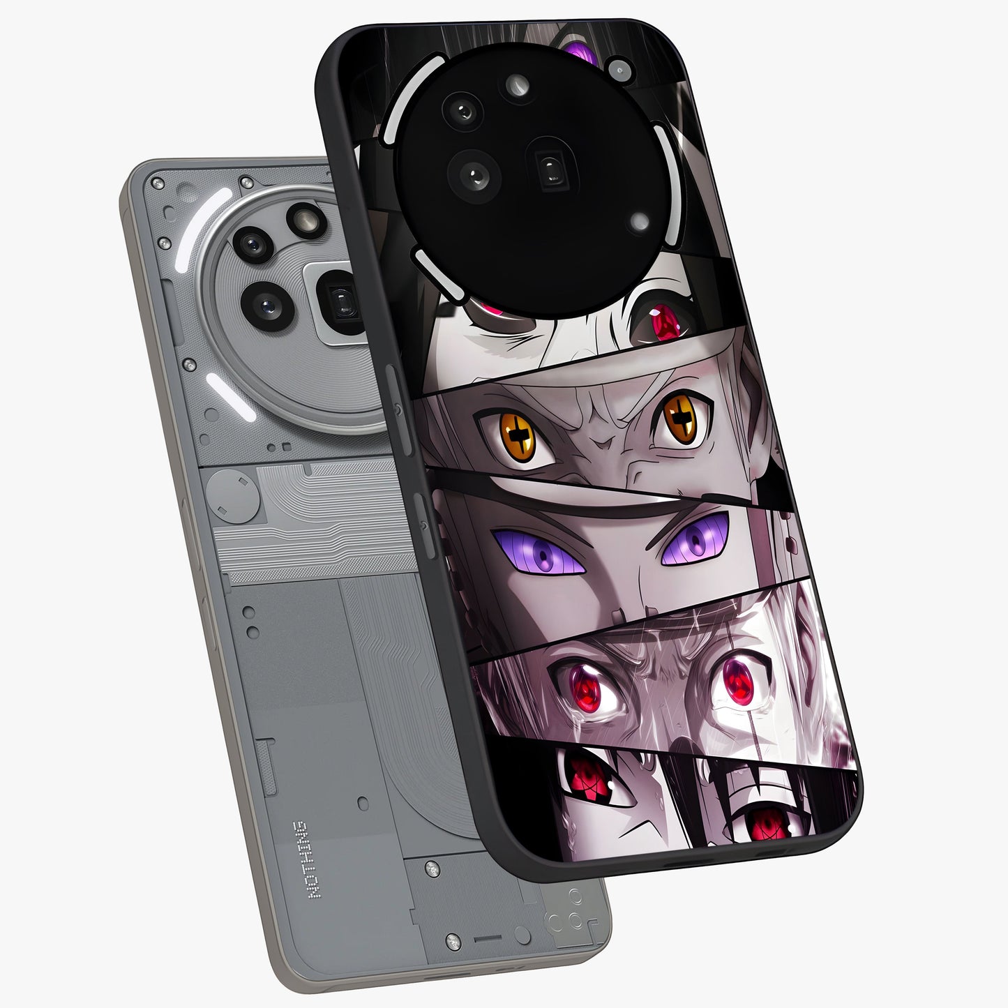 Eyes of Destiny Glass Case displayed in angled mockup highlighting bold eye illustration with mystical aesthetic style.