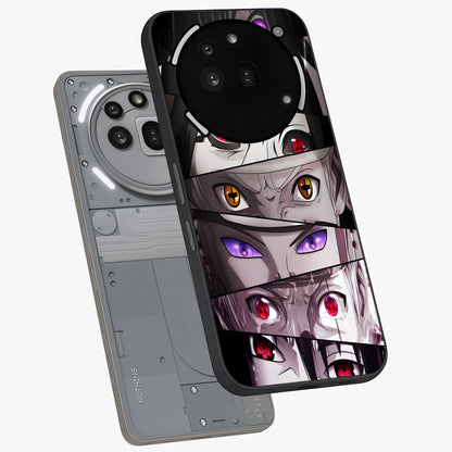 Eyes of Destiny Glass Case displayed in angled mockup highlighting bold eye illustration with mystical aesthetic style.