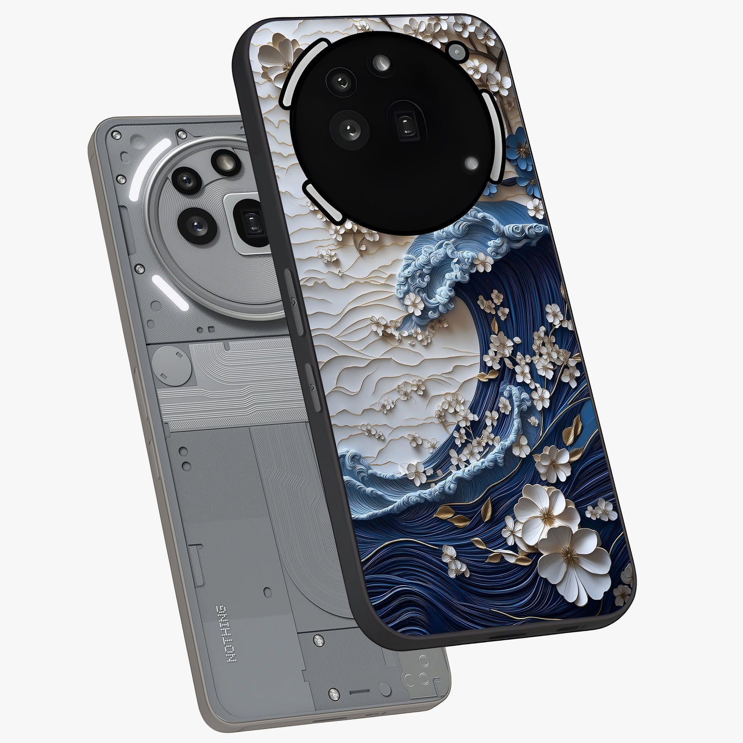 Floral Wave Origami Glass Case displayed in angled mockup highlighting geometric origami flower design with modern aesthetic style.