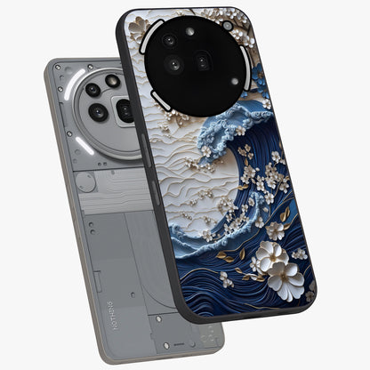 Floral Wave Origami Glass Case displayed in angled mockup highlighting geometric origami flower design with modern aesthetic style.