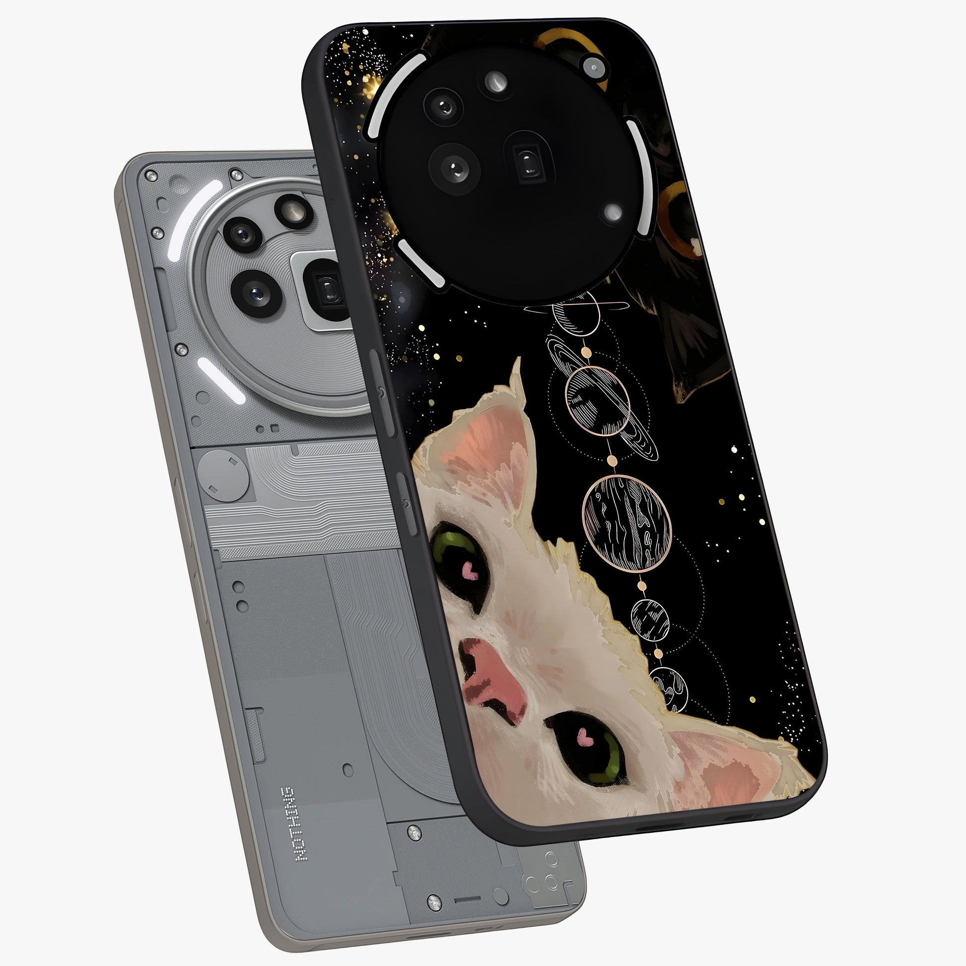 Galactic Cat Glass Case displayed in angled mockup highlighting celestial feline illustration with galaxy aesthetic style.
