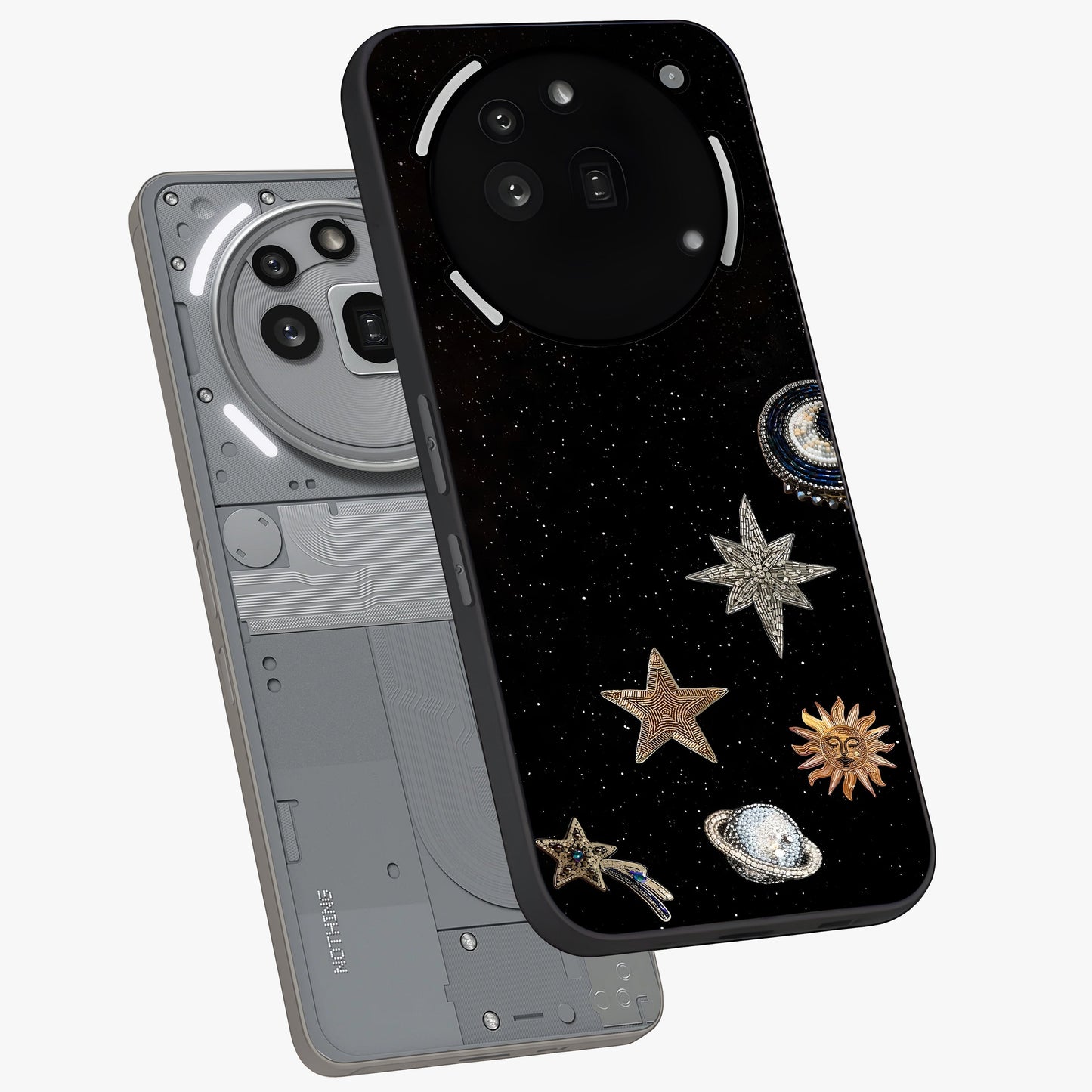 Galactic Charm Glow Glass Case displayed in angled mockup highlighting luminous galaxy inspired design with dreamy aesthetic.
