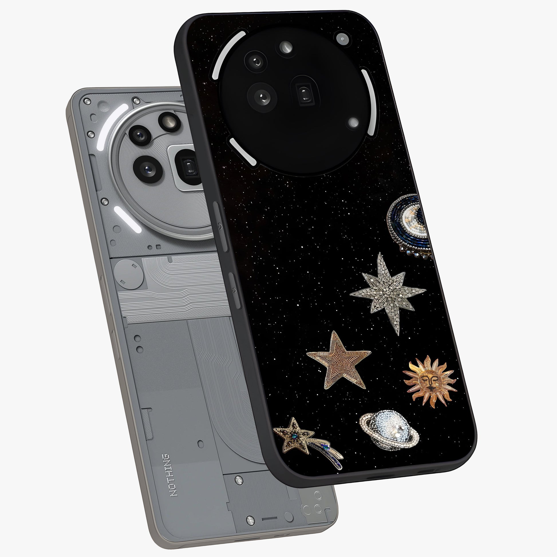 Galactic Charm Glow Glass Case displayed in angled mockup highlighting luminous galaxy inspired design with dreamy aesthetic.