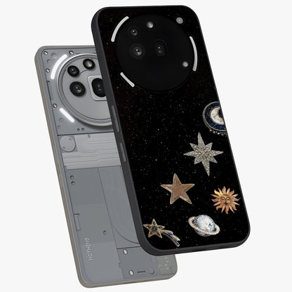 Galactic Charm Glow Glass Case displayed in angled mockup highlighting luminous galaxy inspired design with dreamy aesthetic.