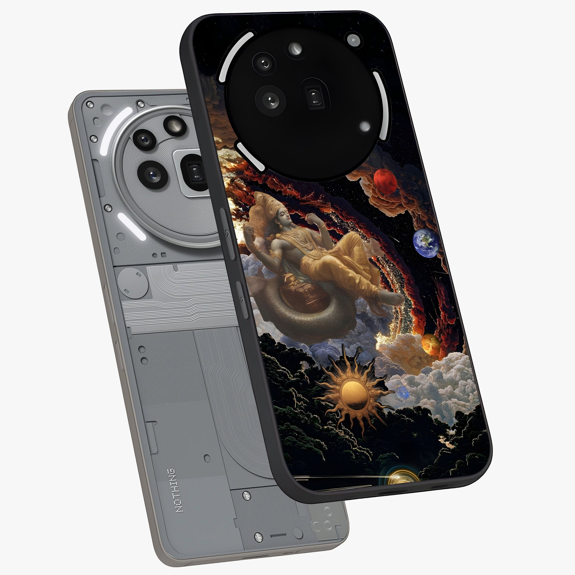Galactic Divine God Glass Case displayed in angled mockup highlighting powerful celestial deity illustration with galactic aesthetic.