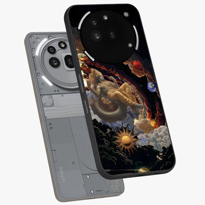 Galactic Divine God Glass Case displayed in angled mockup highlighting powerful celestial deity illustration with galactic aesthetic.