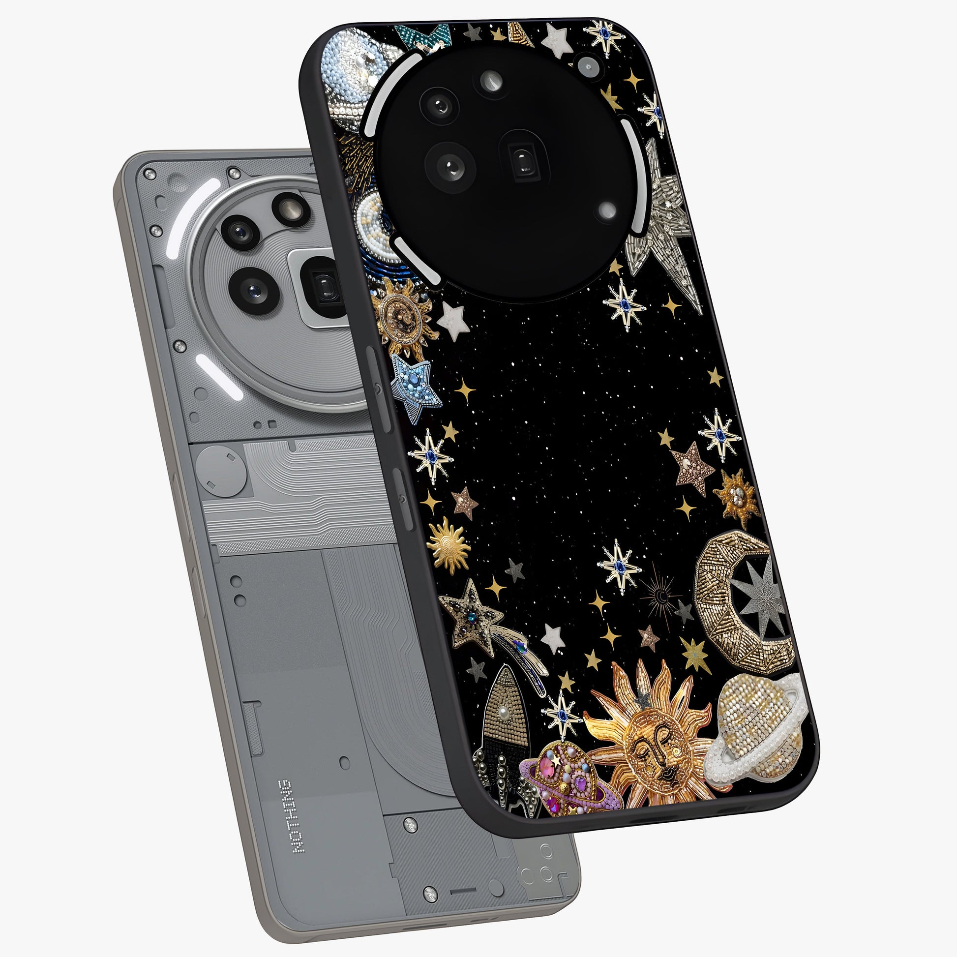 Galactic Jewel Stars Glass Case displayed in angled mockup highlighting shining celestial star design with cosmic aesthetic style.