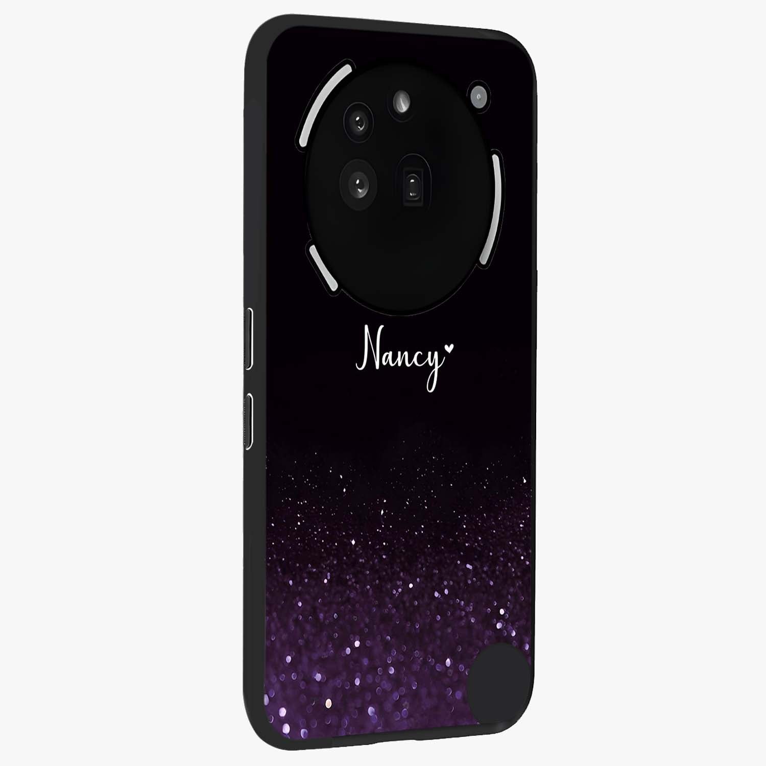 Glittery Purple Bokeh Custom Name Glass Case upright view showcasing vibrant purple sparkle artwork with personalized aesthetic style.